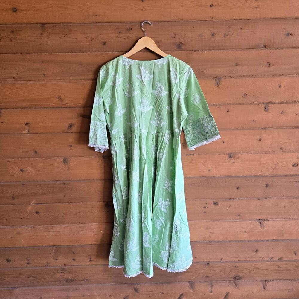 Libas Khari Angrakha Dress Kurta Green Cotton Paisley XXL Vneck Midi Lace Trim - Picture 3 of 5